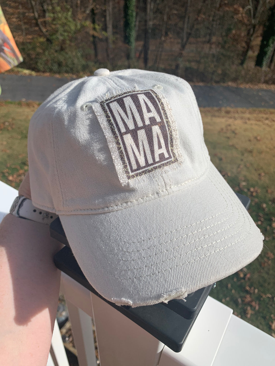 READY TO SHIP! Leather Strap Patch Hat: Distressed White Mama