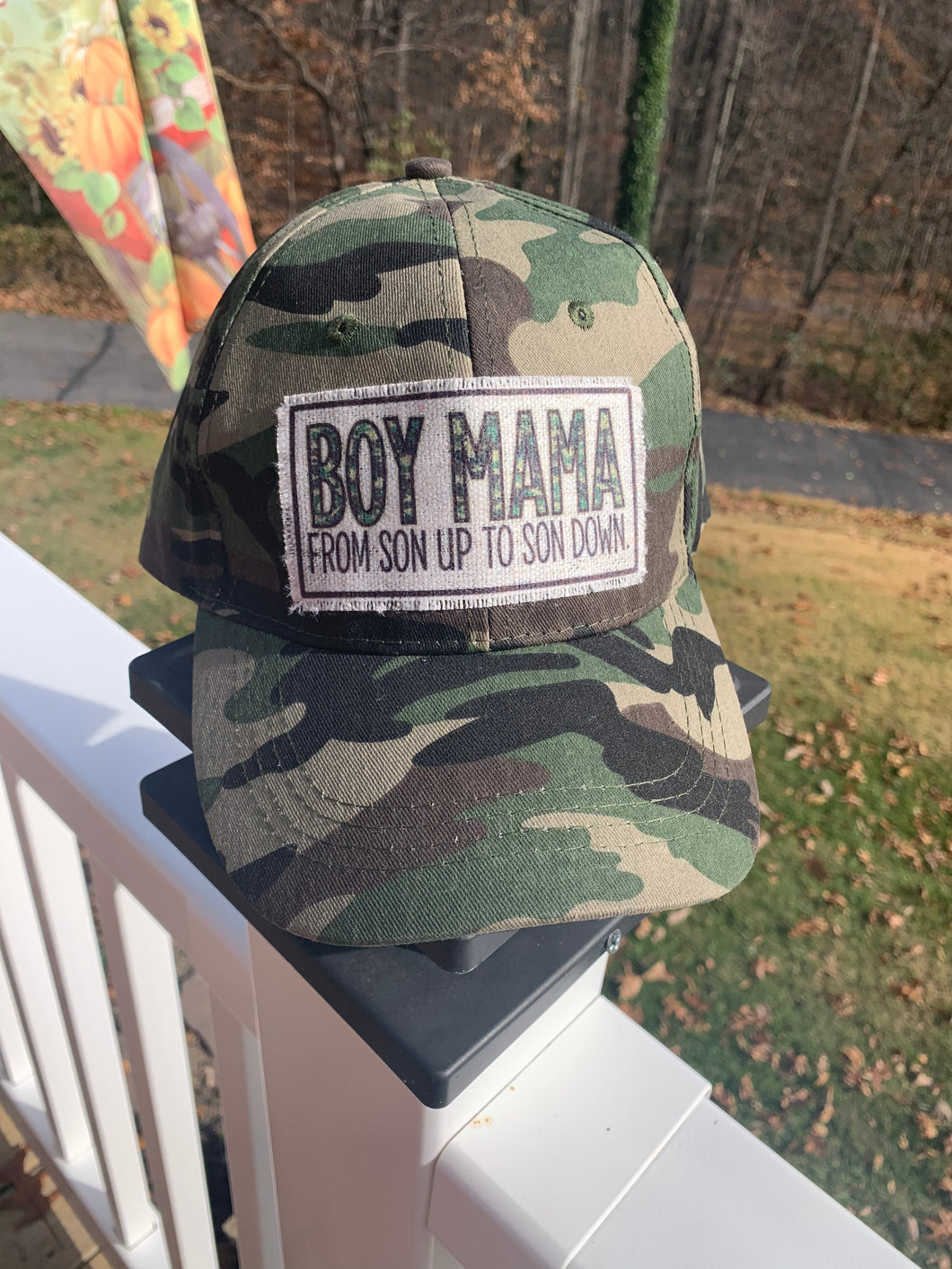 READY TO SHIP! Velcro Back Patch Hat: Camo Boy Mama