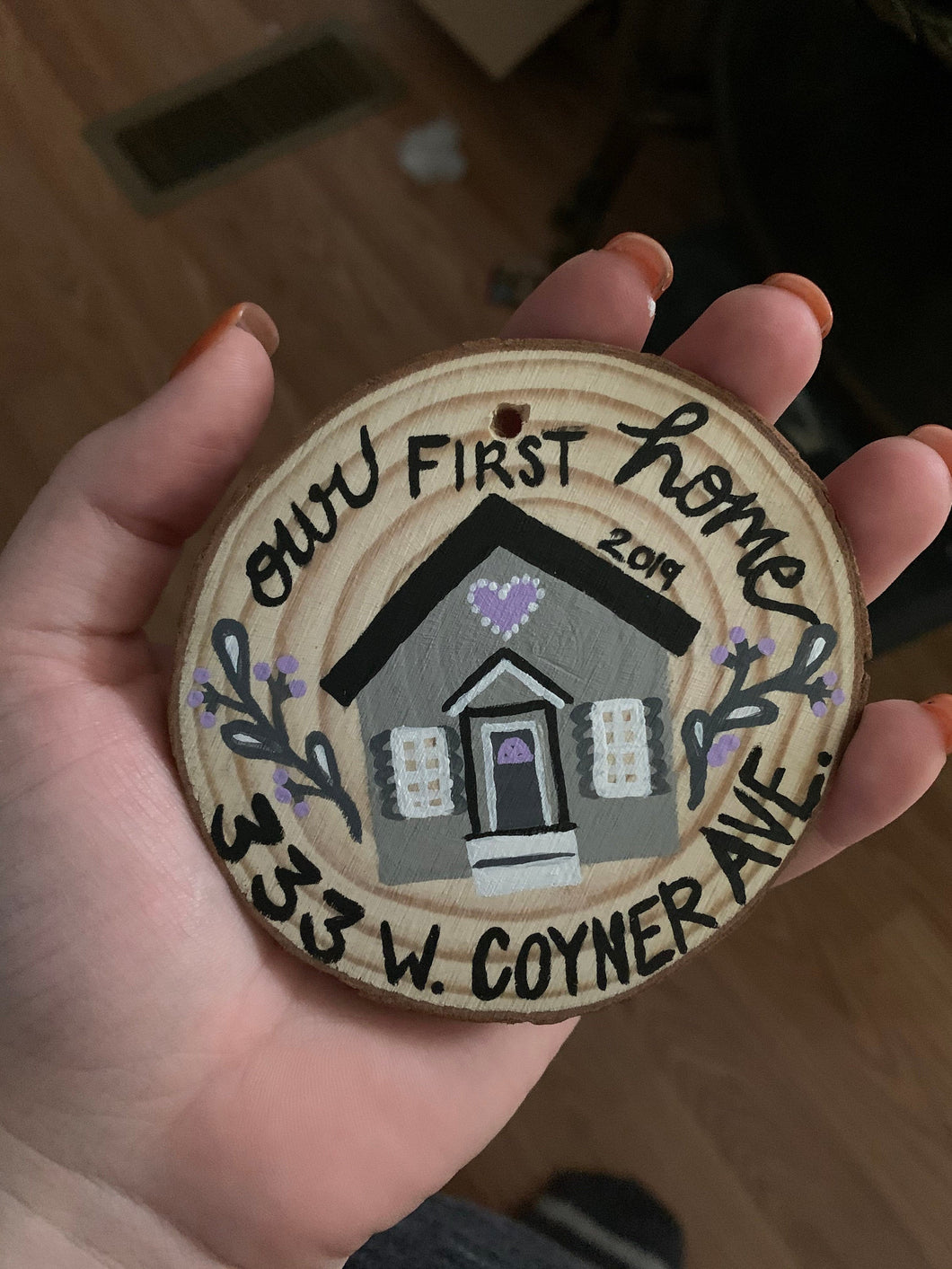 Our First Home Painted Wood Slice Ornament