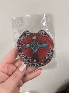 READY TO SHIP! Neoprene Car Coaster Set: Red & Turquoise Cross
