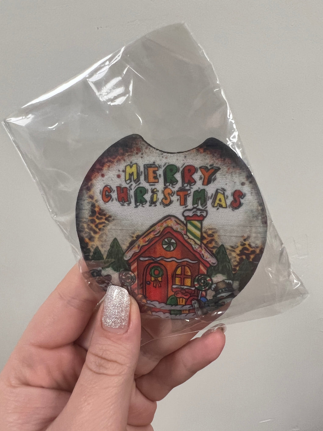READY TO SHIP! Neoprene Car Coaster Set: Merry Christmas Gingerbread House